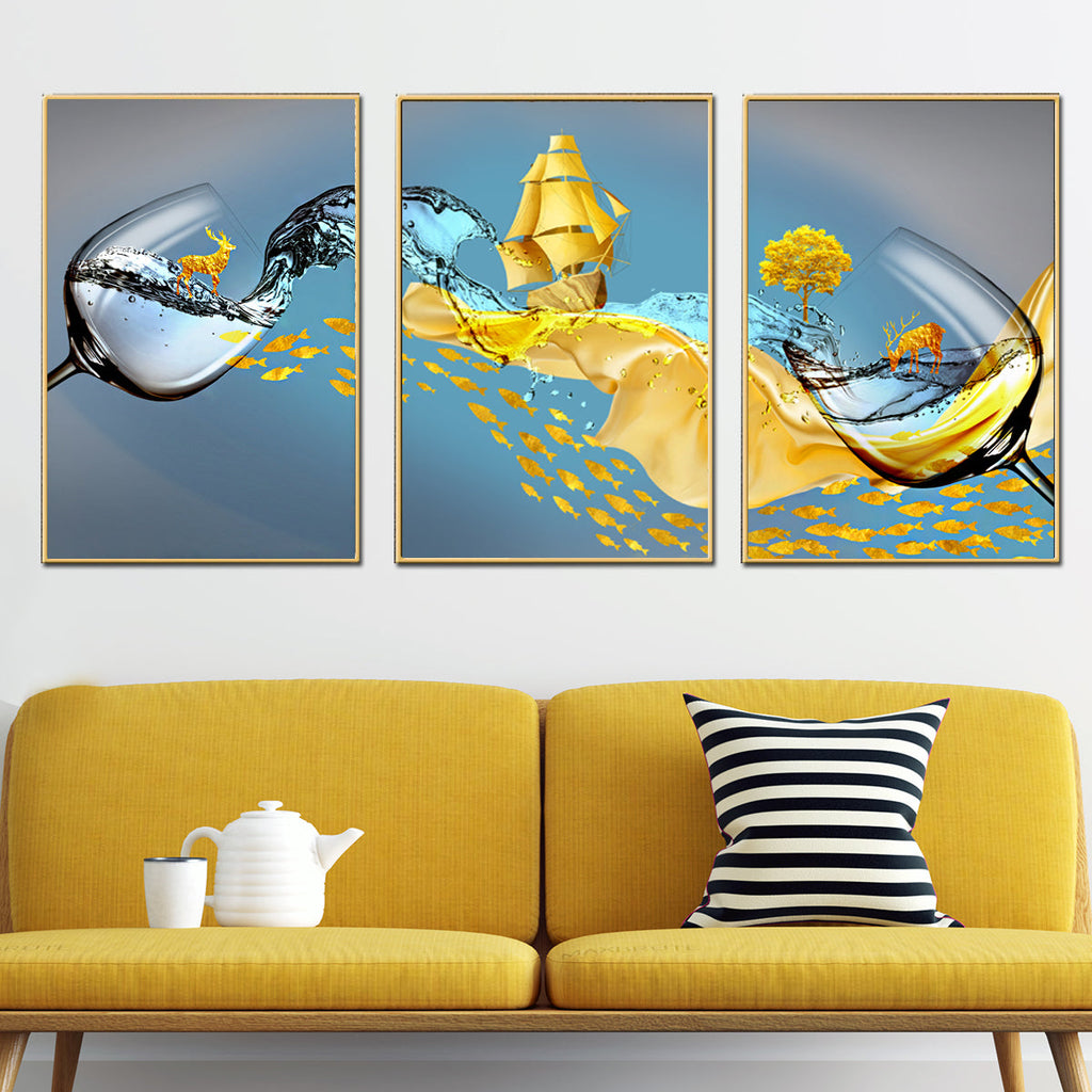 Waves of Fortune Framed Canvas Wall Paintings - Set of 3