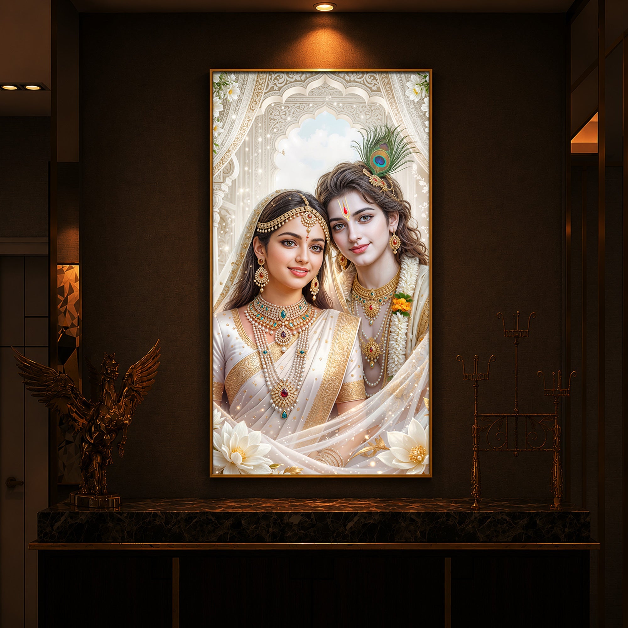 Mystical Love Of Radhe Krishn Modern Luxury Backlight Vertical Wall Art