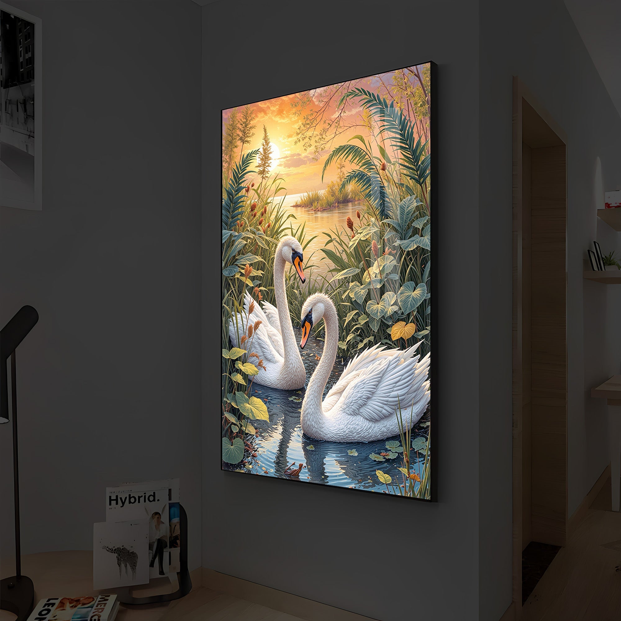 Two Swan Modern Luxury Backlight Vertical Wall Art