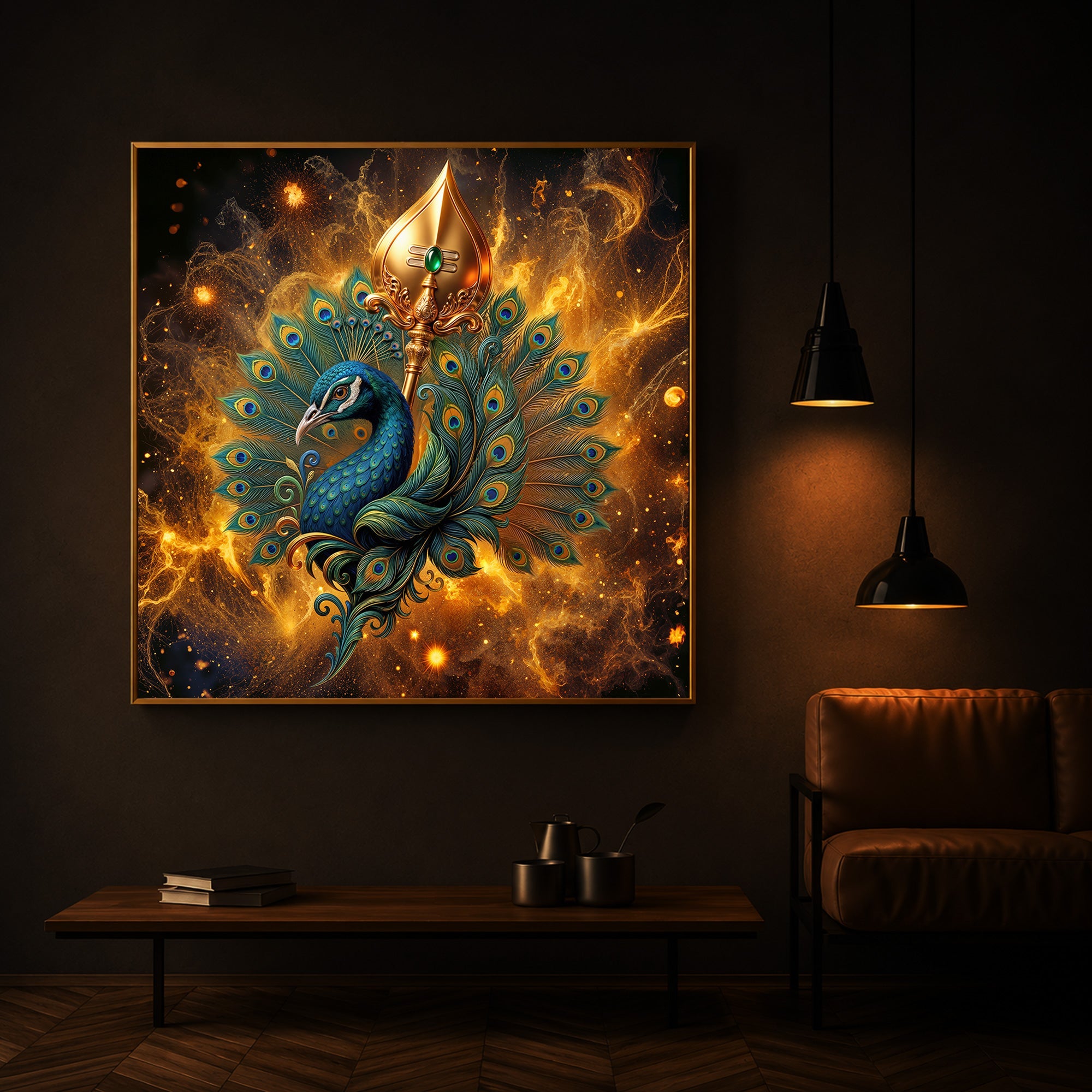 Lord Murugan’s Majestic Peacock Modern Luxury Backlight Square Wall Art