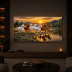 Seven Running Horses With Sunset Splash Modern Luxury Backlight Horizontal Wall Art