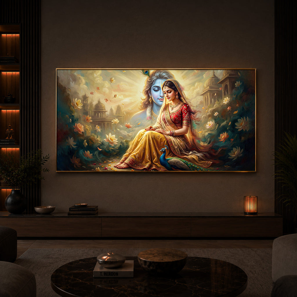 Loving Couple Radha Krishna Modern Luxury Backlight Horizontal Wall Art