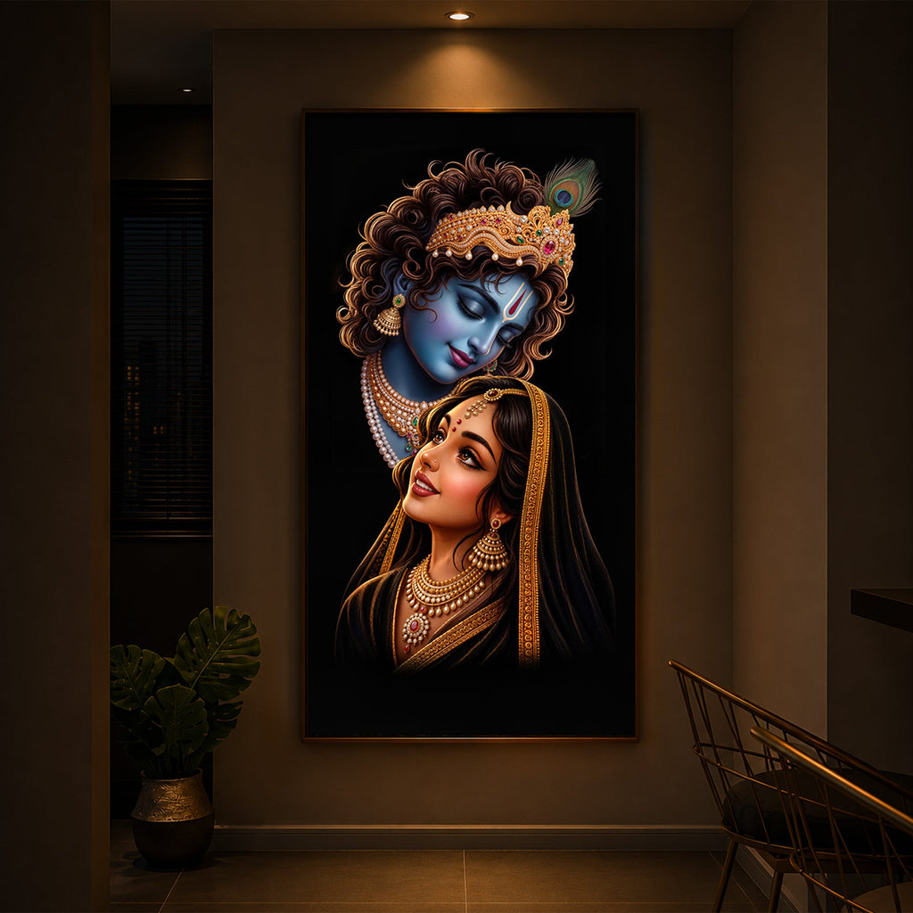 Hindu Deities Shri Radha Krishna Modern Luxury Backlight Vertical Wall Art