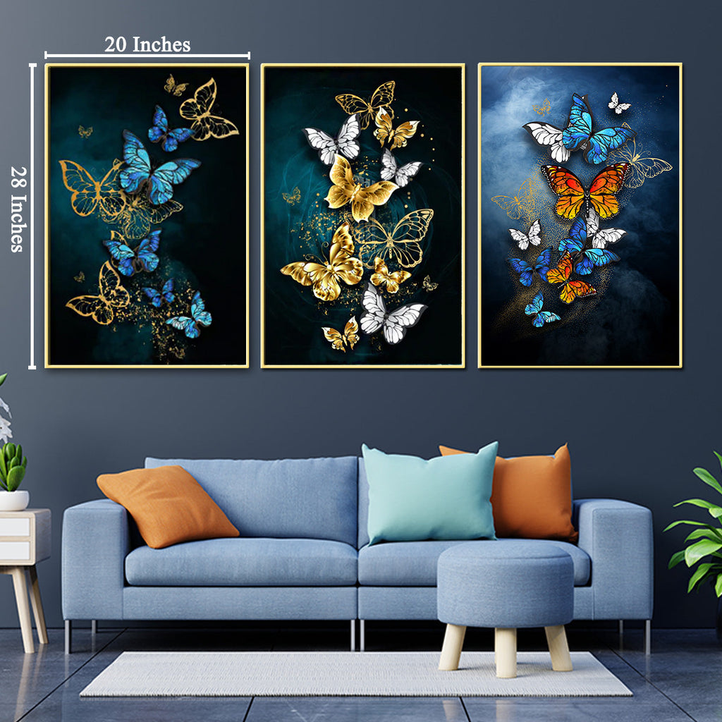 Beauteous Butterflies Framed Canvas Wall Decor Paintings - Set of 3