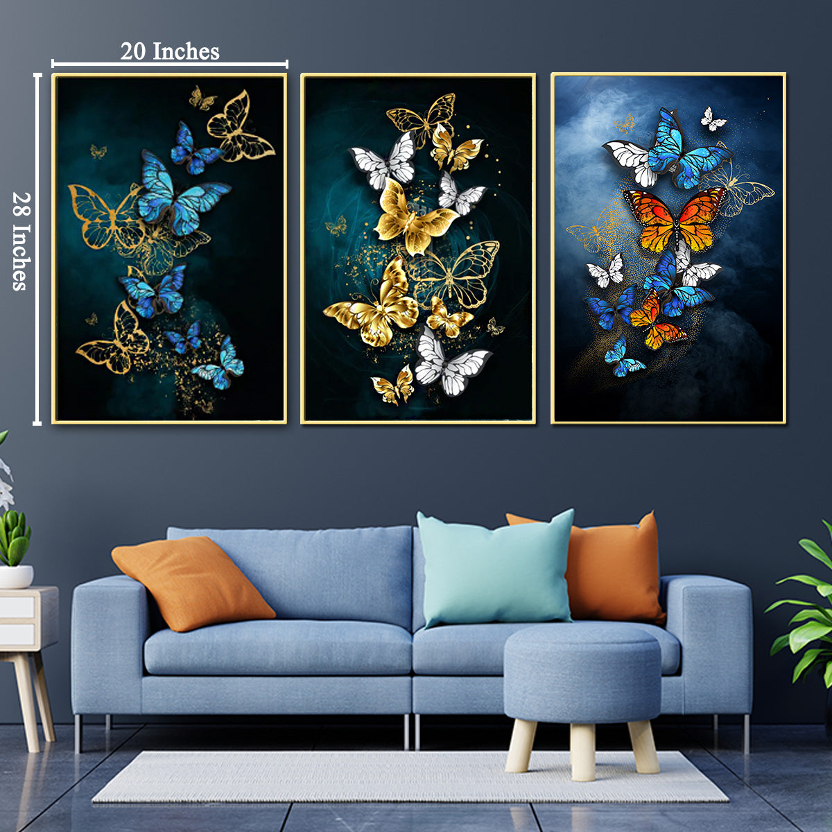 Beauteous Butterflies Framed Canvas Wall Decor Paintings - Set of 3