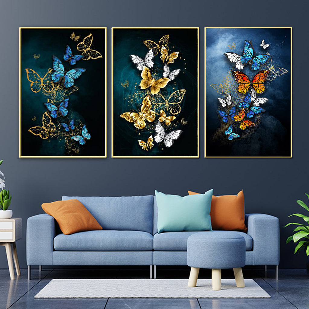 Beauteous Butterflies Framed Canvas Wall Decor Paintings - Set of 3