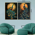 Sunlit and Moonlit Peacock  Canvas Paintings - Set of 2