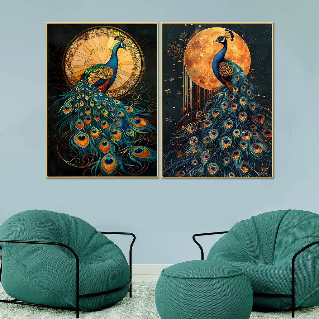Sunlit and Moonlit Peacock  Canvas Paintings - Set of 2