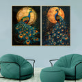 Sunlit and Moonlit Peacock  Canvas Paintings - Set of 2