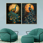 Sunlit and Moonlit Peacock  Canvas Paintings - Set of 2
