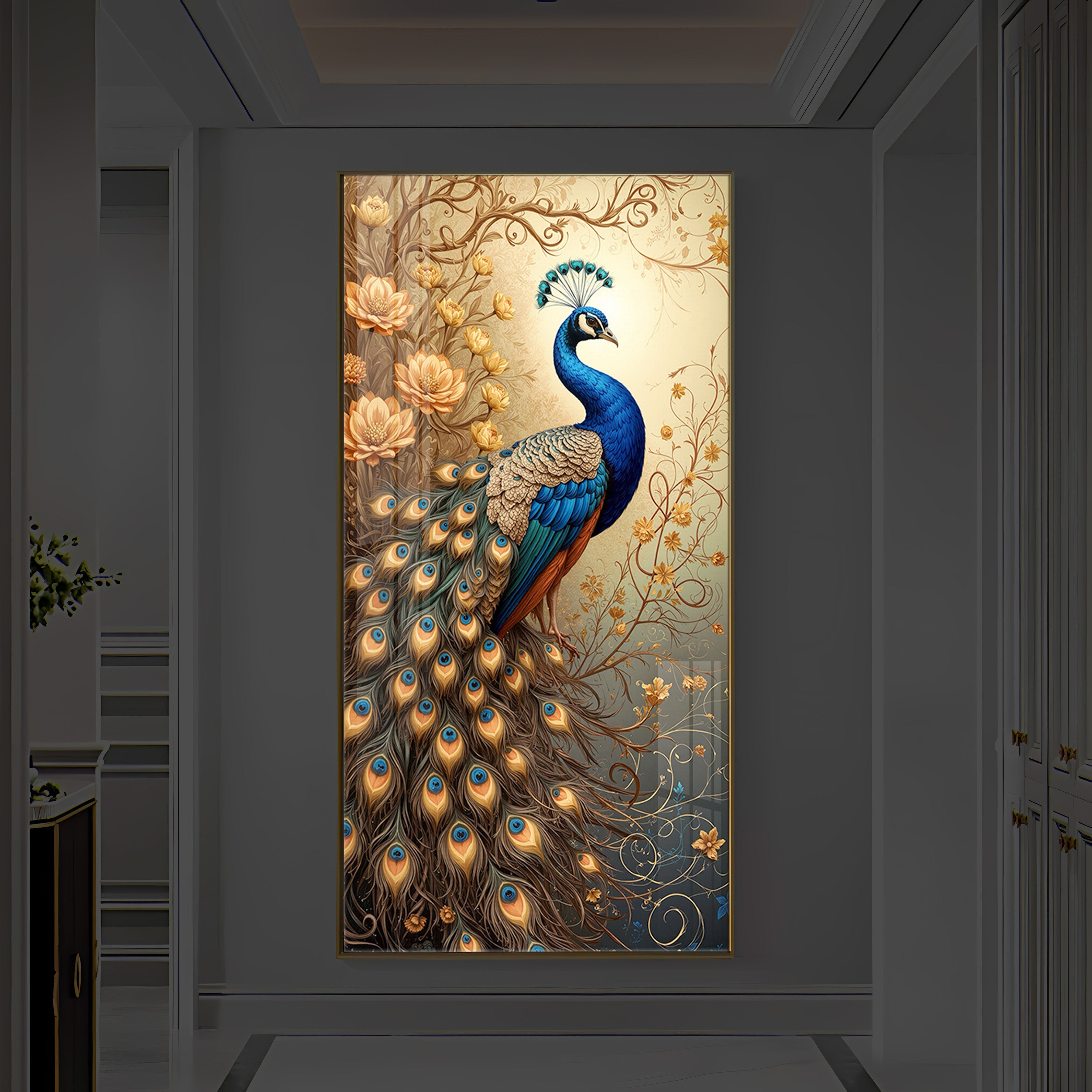 Beautiful Peacock Modern Luxury Backlight Vertical Wall Art