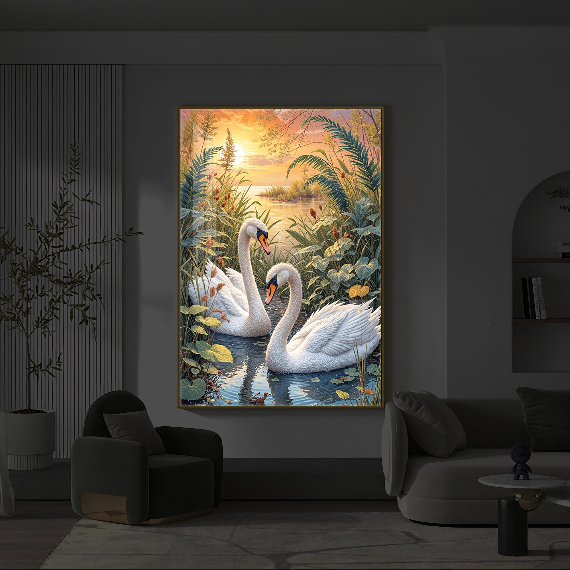 Two Swan Modern Luxury Backlight Vertical Wall Art