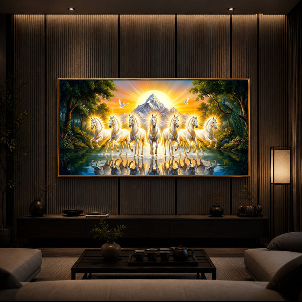 7 White Horses River Glloping Modern Luxury Backlight Horizontal Wall Art