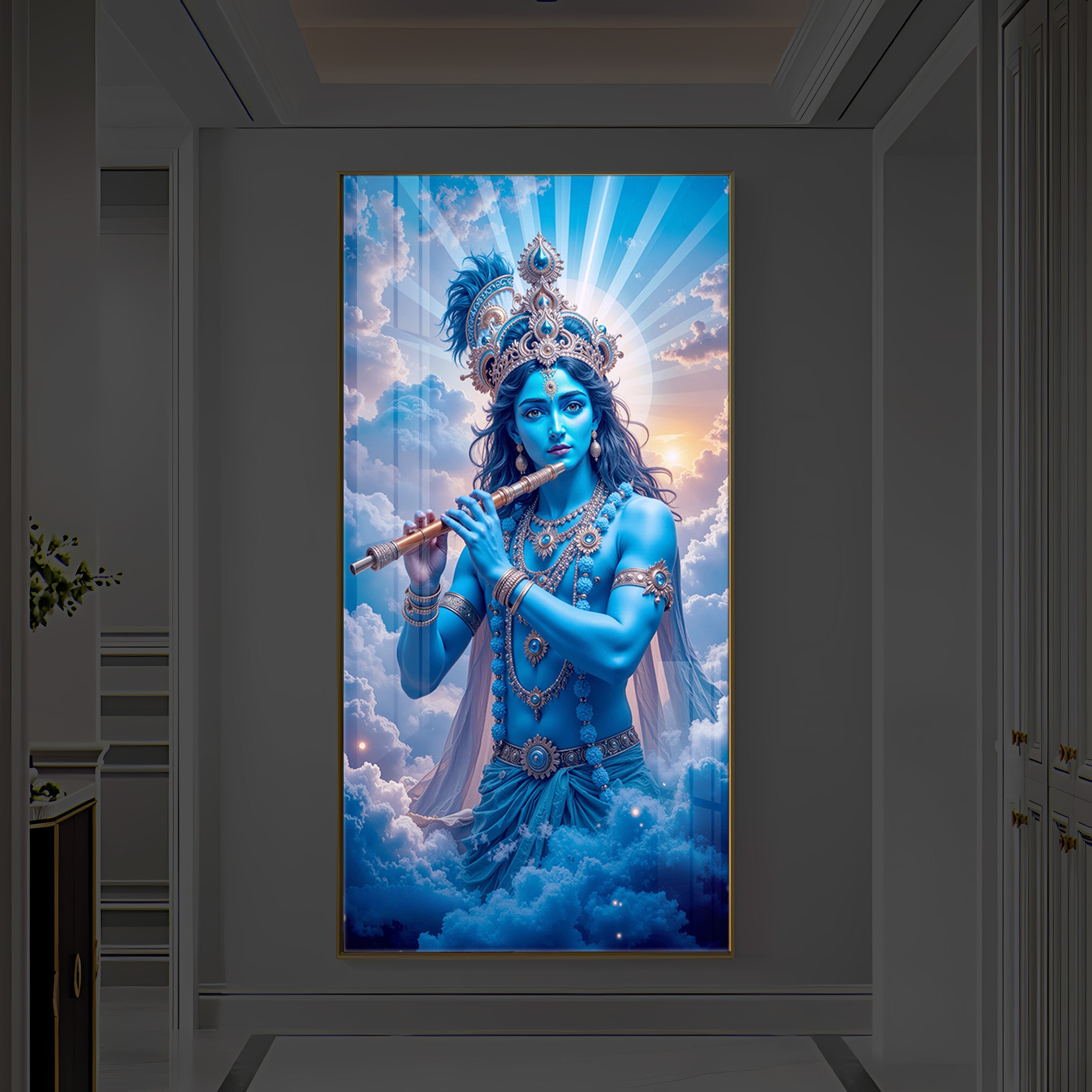 Lord Shri Krishna Modern Luxury Backlight Vertical Wall Art