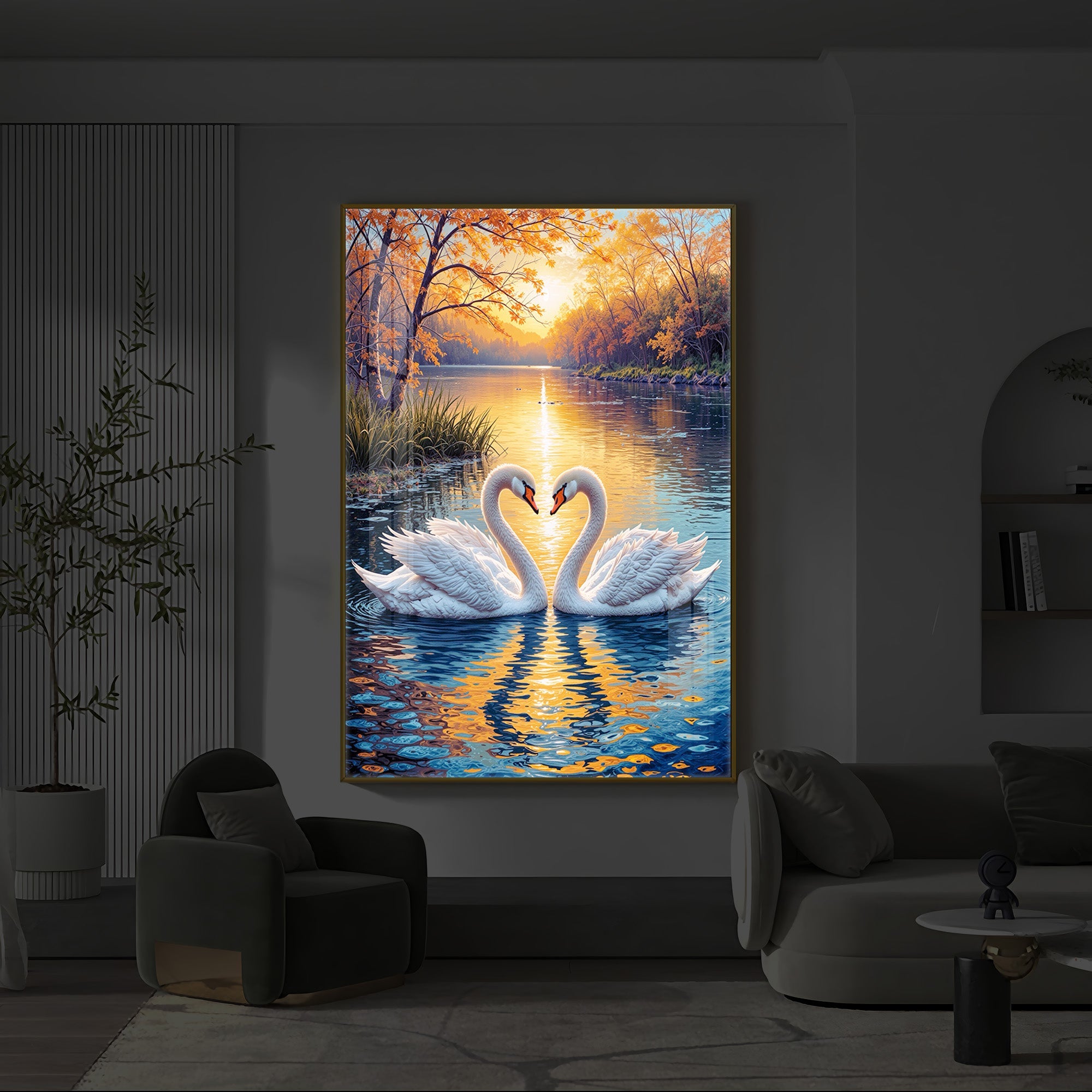 Romantic Swan Modern Luxury Backlight Vertical Wall Art