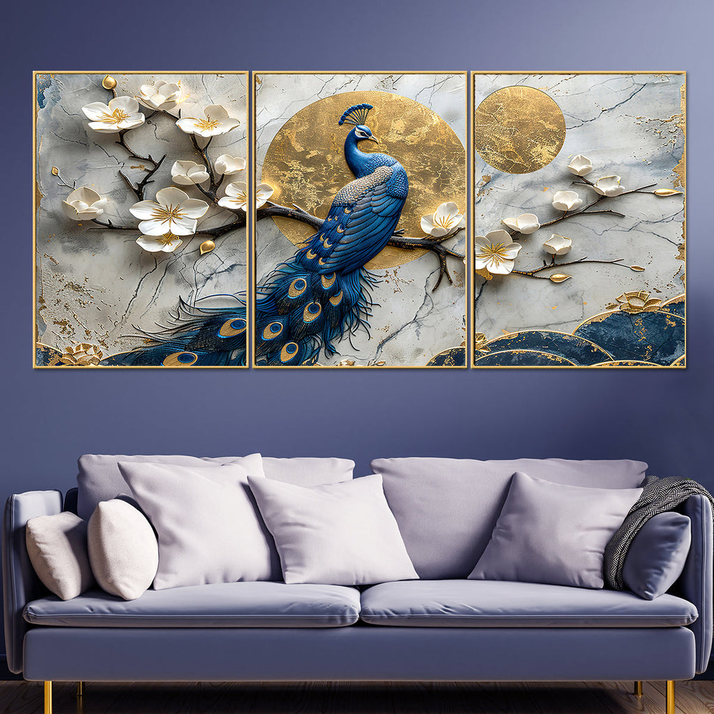 Sunshine Peacock Canvas Print for Home - Set Of 3