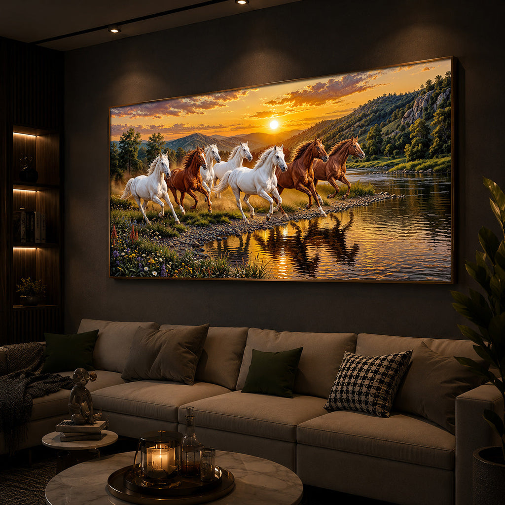 Seven Running Horses With Sunset Splash Modern Luxury Backlight Horizontal Wall Art