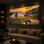 Seven Running Horses With Sunset Splash Modern Luxury Backlight Horizontal Wall Art
