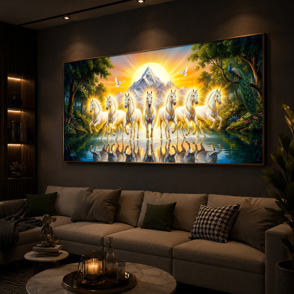 7 White Horses River Glloping Modern Luxury Backlight Horizontal Wall Art
