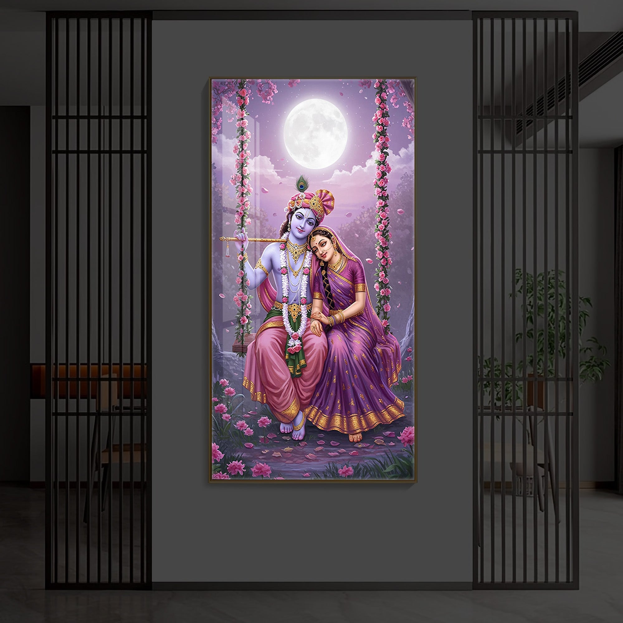 Loving Radha Krishna Modern Luxury Backlight Vertical Wall Art