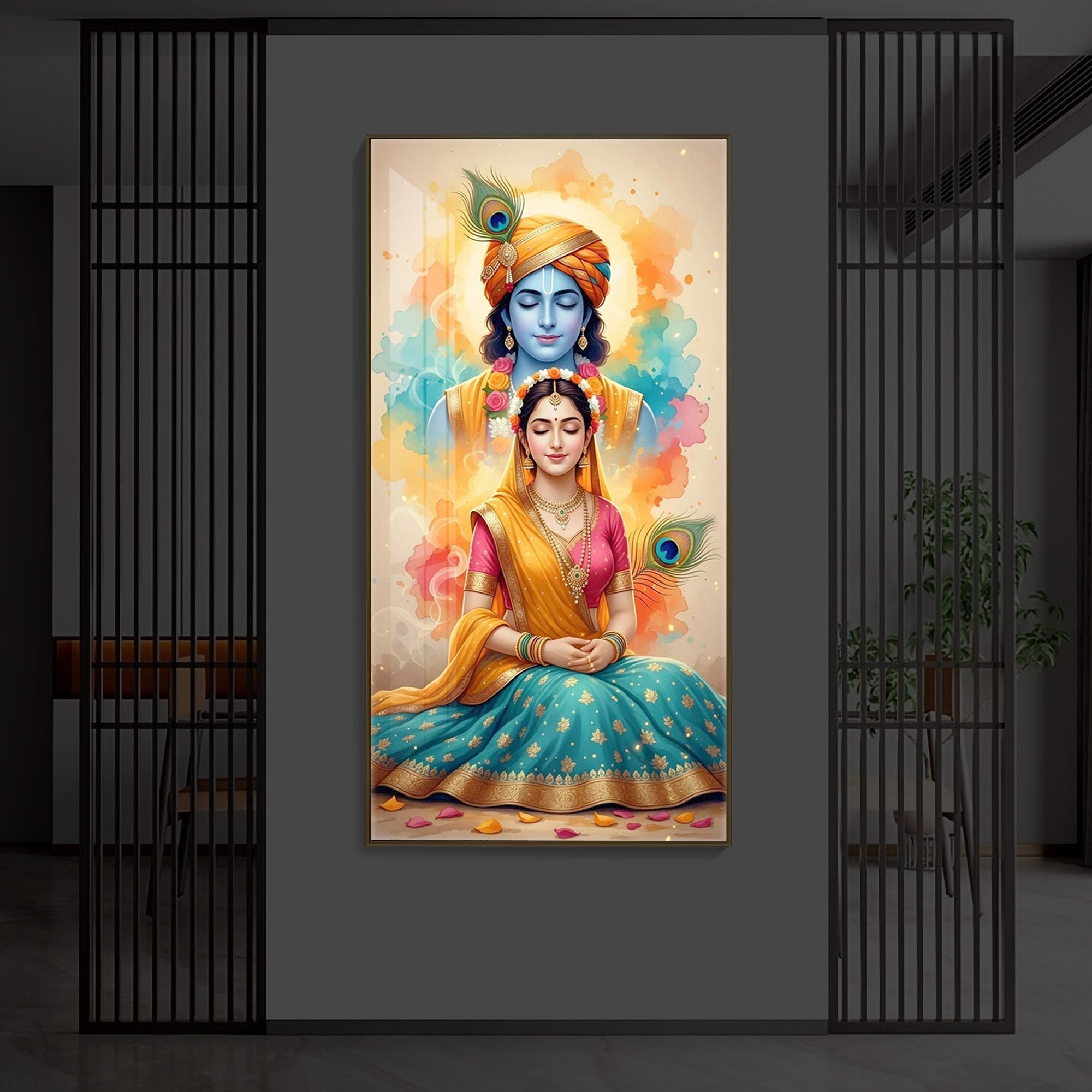 Radhe Krishna Modern Luxury Backlight Vertical Wall Art