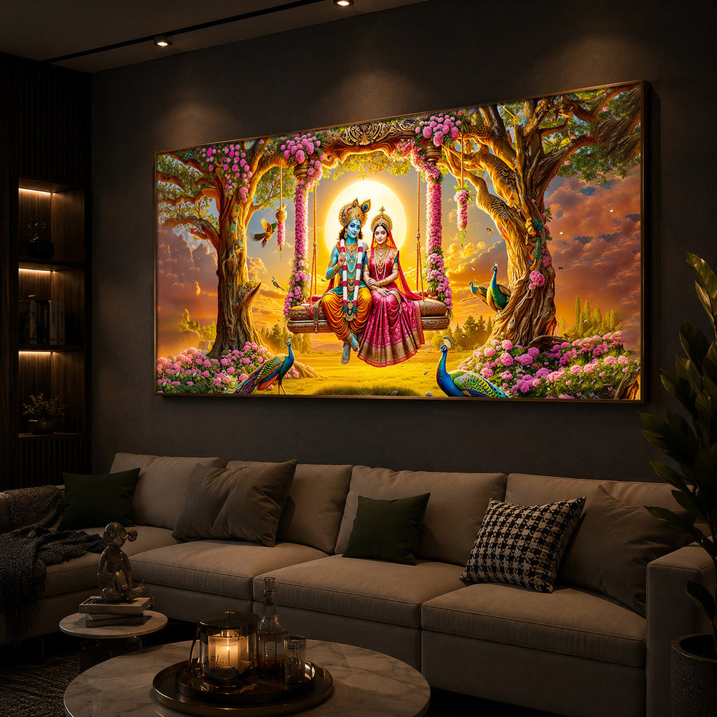 Loving Couple Lord Radha Krishna Modern Luxury Backlight Horizontal Wall Art