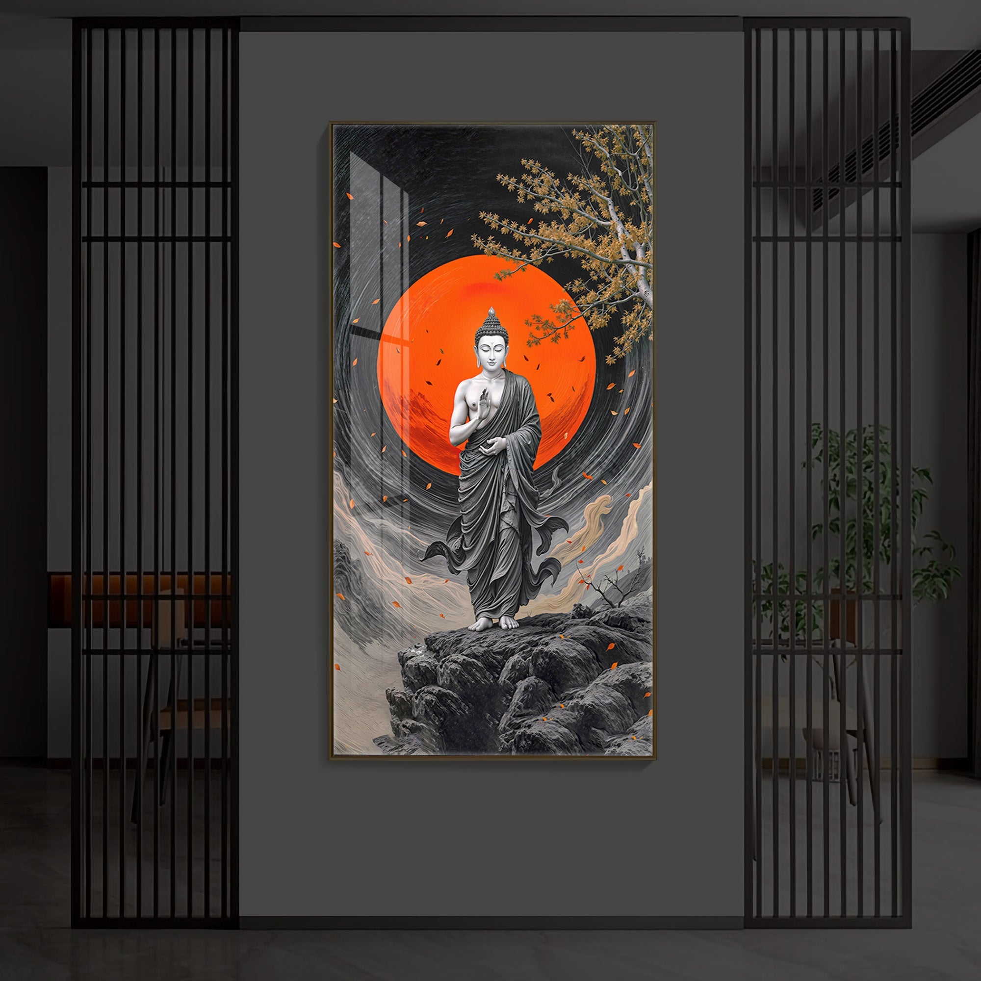 Namo Buddhay Modern Luxury Backlight Vertical Wall Art