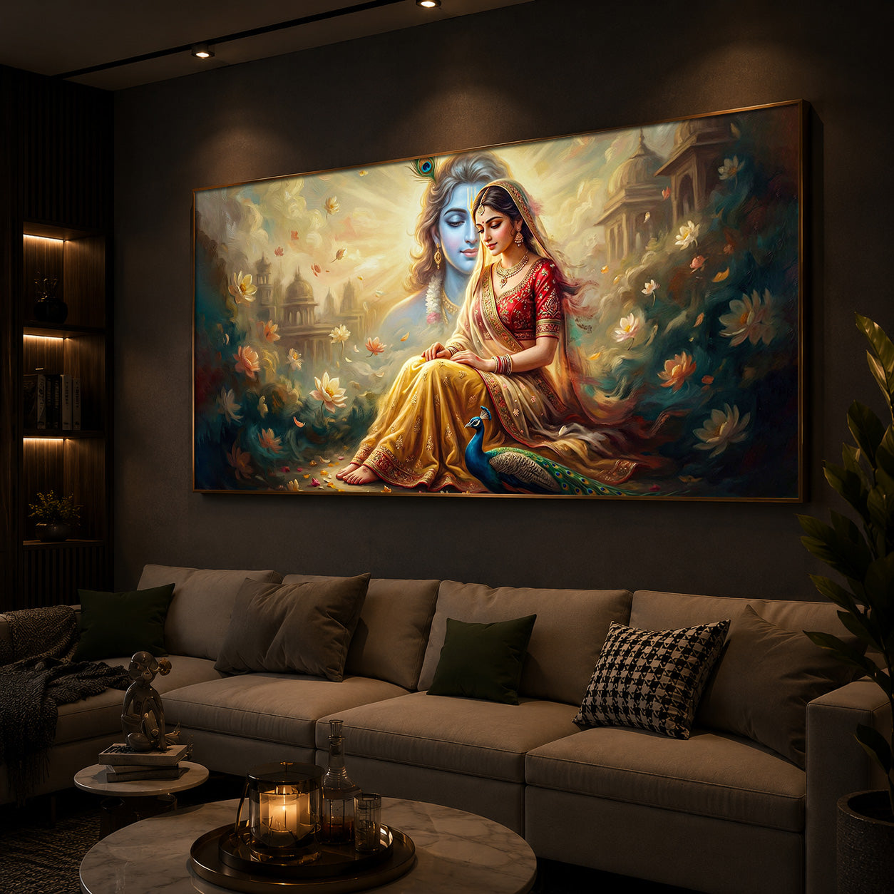 Loving Couple Radha Krishna Modern Luxury Backlight Horizontal Wall Art