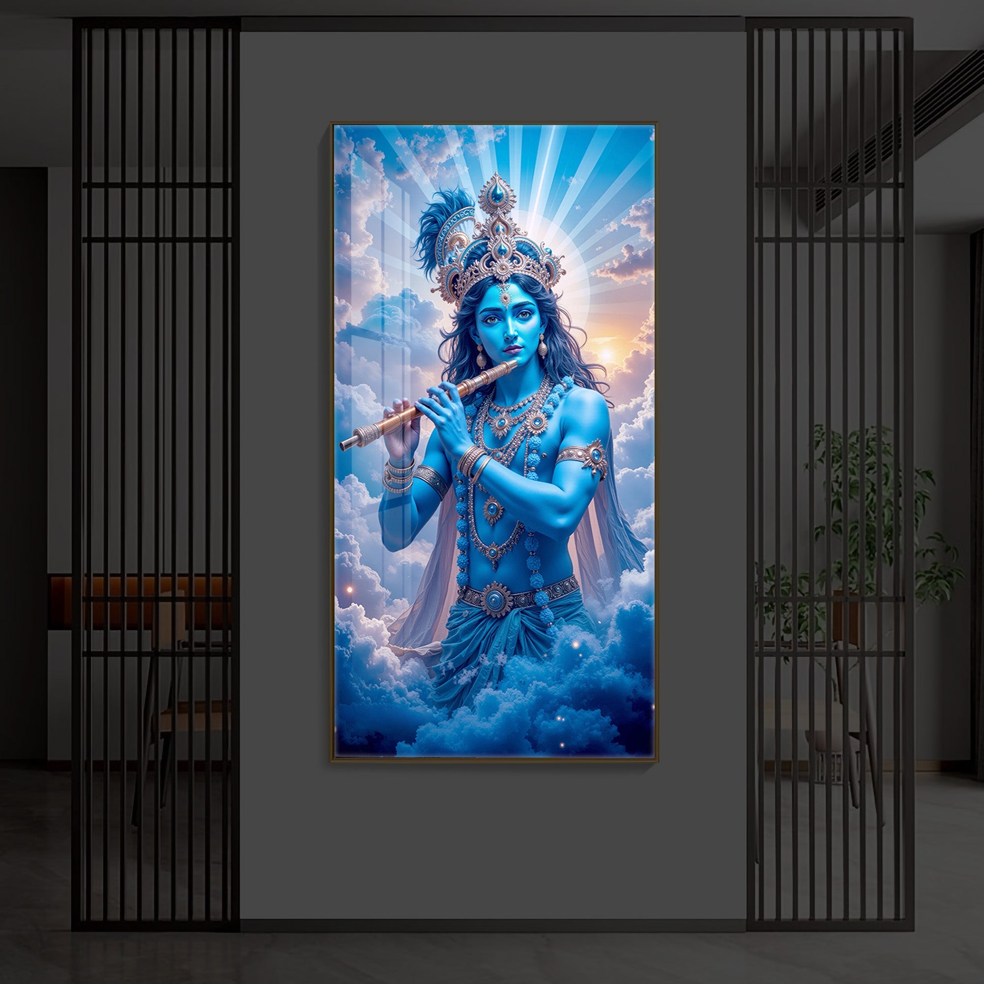 Lord Shri Krishna Modern Luxury Backlight Vertical Wall Art