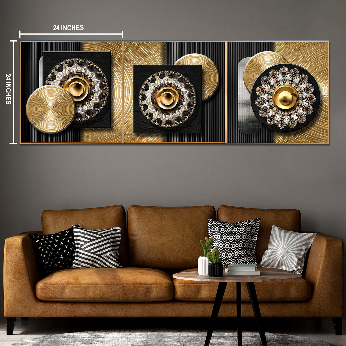 Golden Orbit Canvas Wall Art Print - Set Of 3
