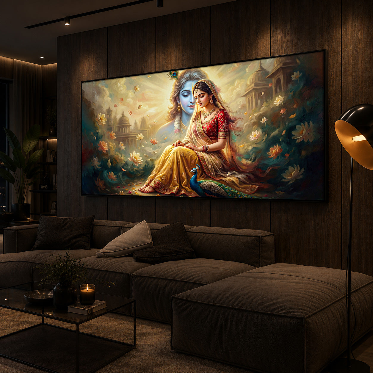 Loving Couple Radha Krishna Modern Luxury Backlight Horizontal Wall Art