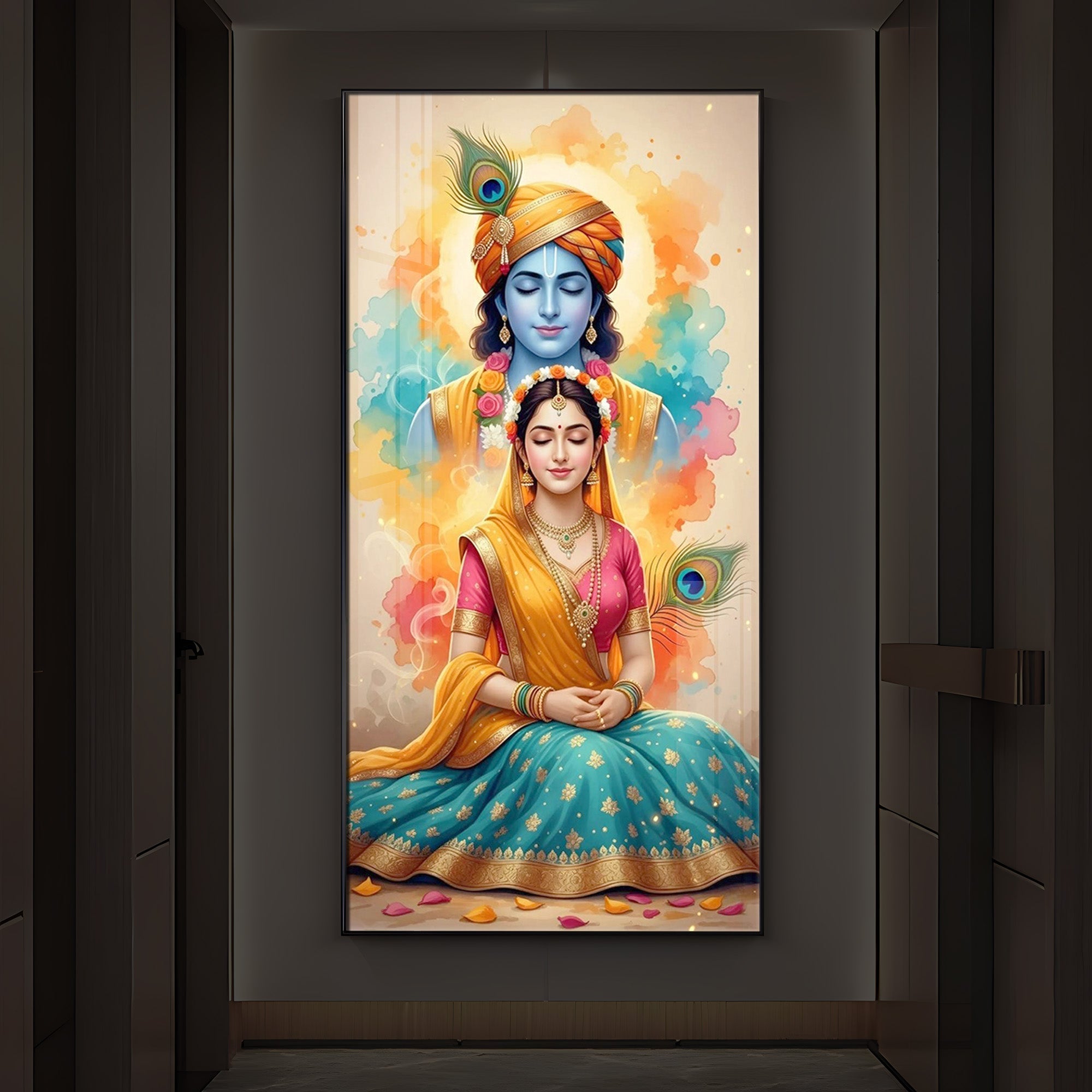 Radhe Krishna Modern Luxury Backlight Vertical Wall Art