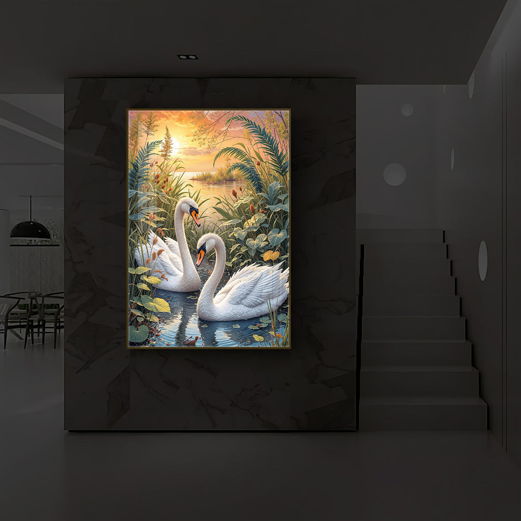Two Swan Modern Luxury Backlight Vertical Wall Art