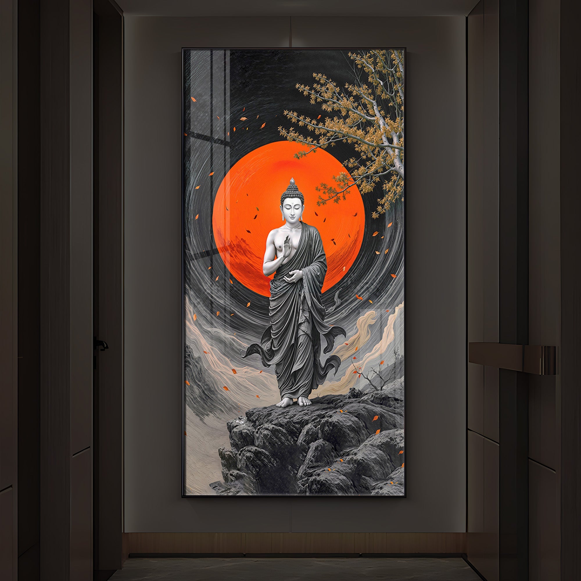 Namo Buddhay Modern Luxury Backlight Vertical Wall Art