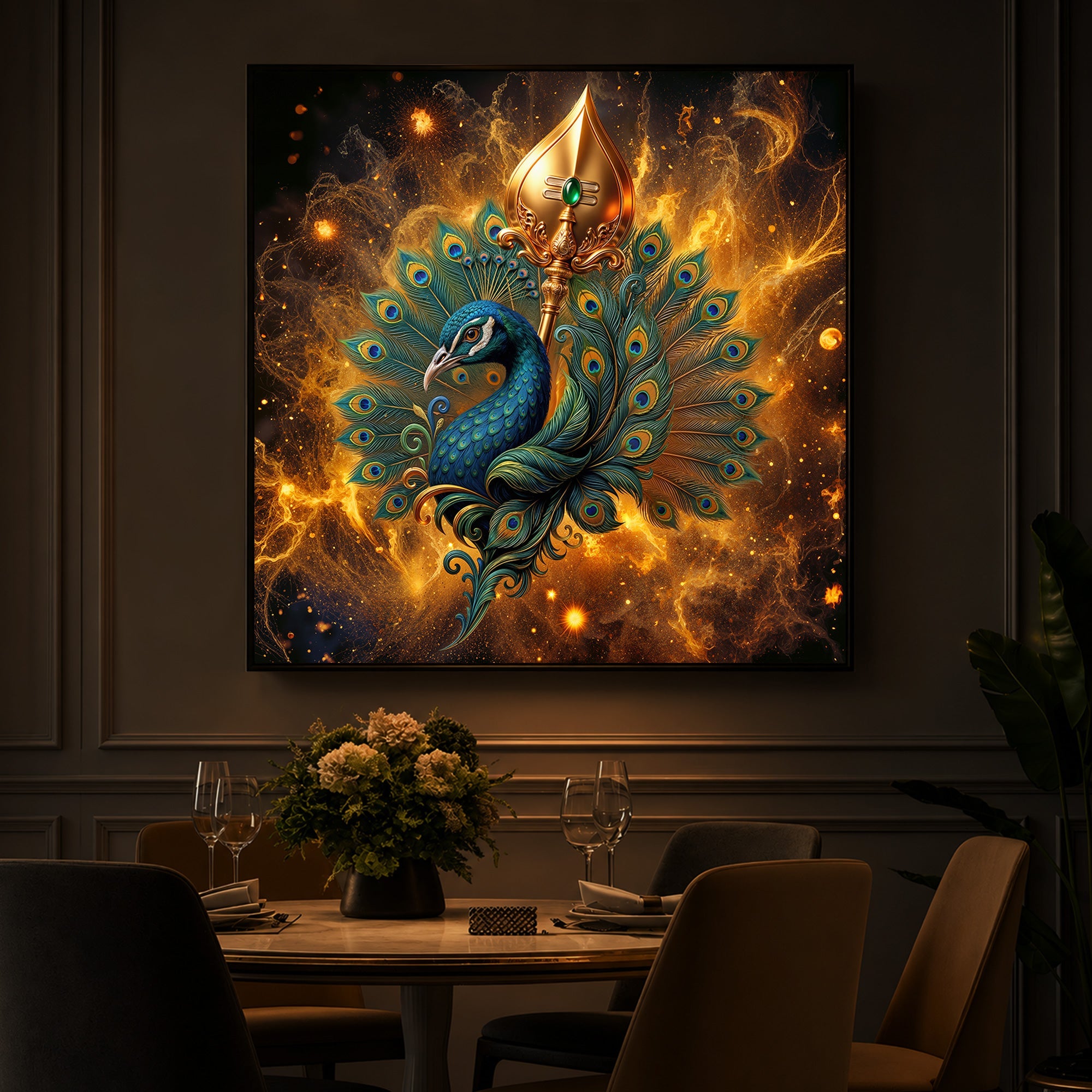 Lord Murugan’s Majestic Peacock Modern Luxury Backlight Square Wall Art