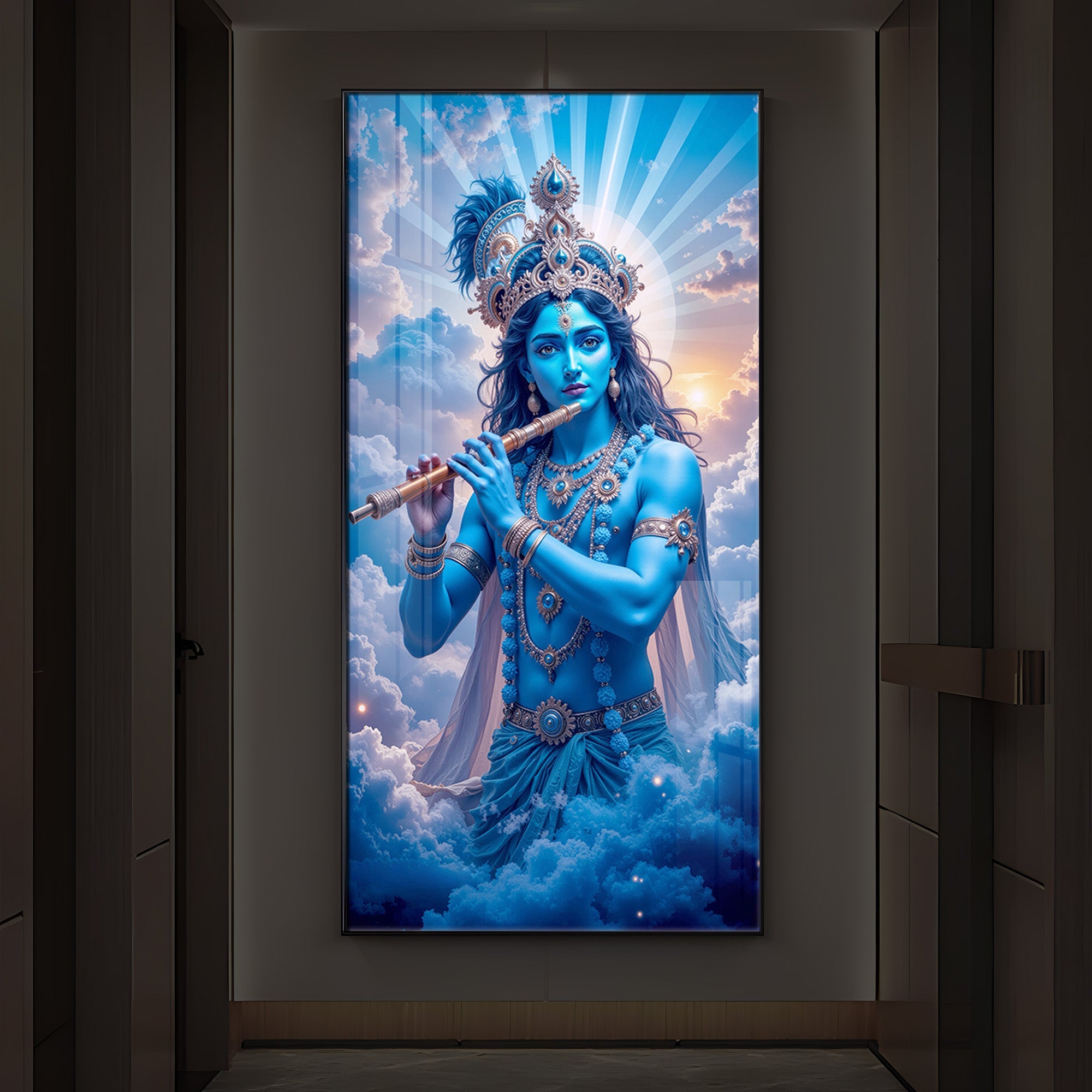 Lord Shri Krishna Modern Luxury Backlight Vertical Wall Art