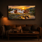 Seven Running Horses With Sunset Splash Modern Luxury Backlight Horizontal Wall Art