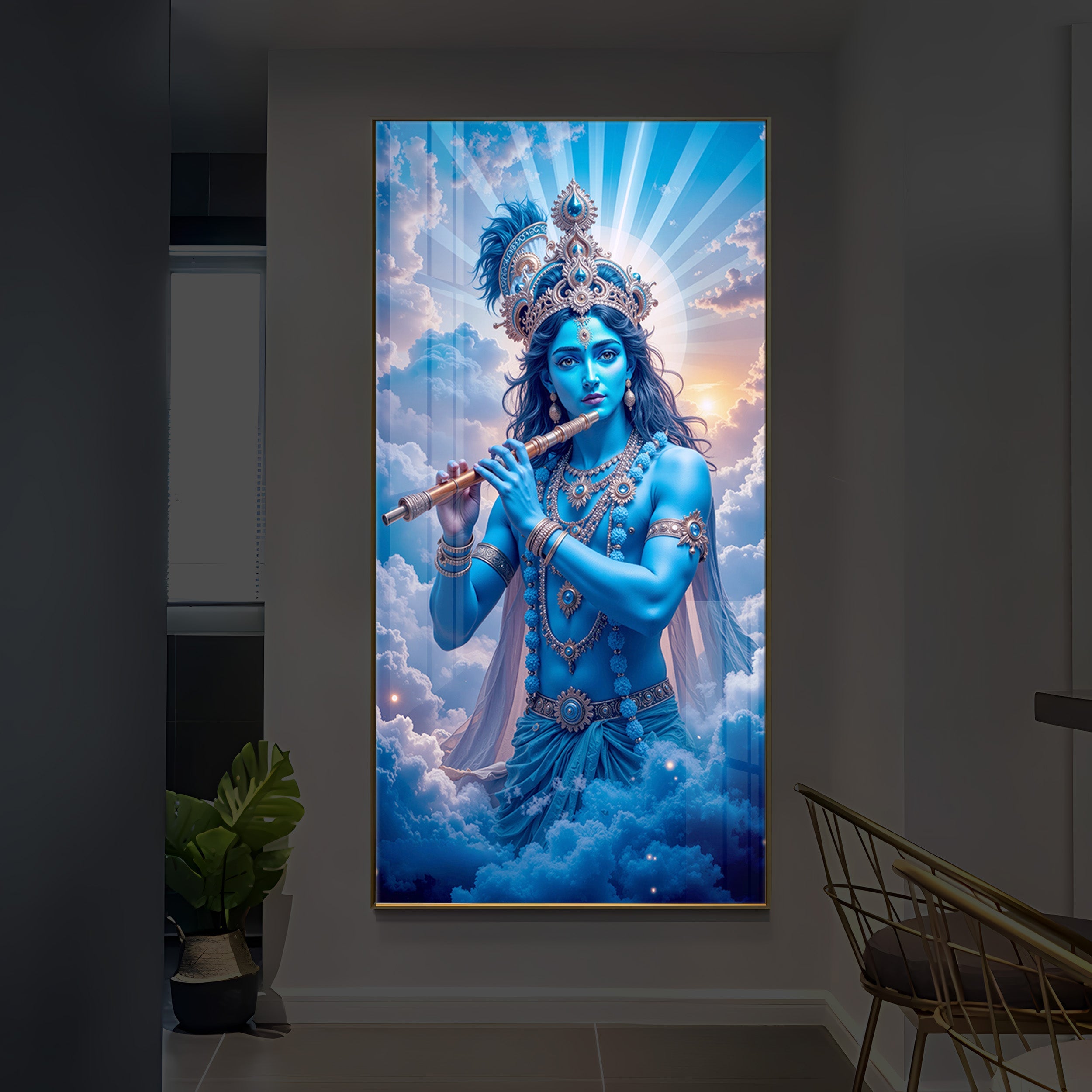 Lord Shri Krishna Modern Luxury Backlight Vertical Wall Art