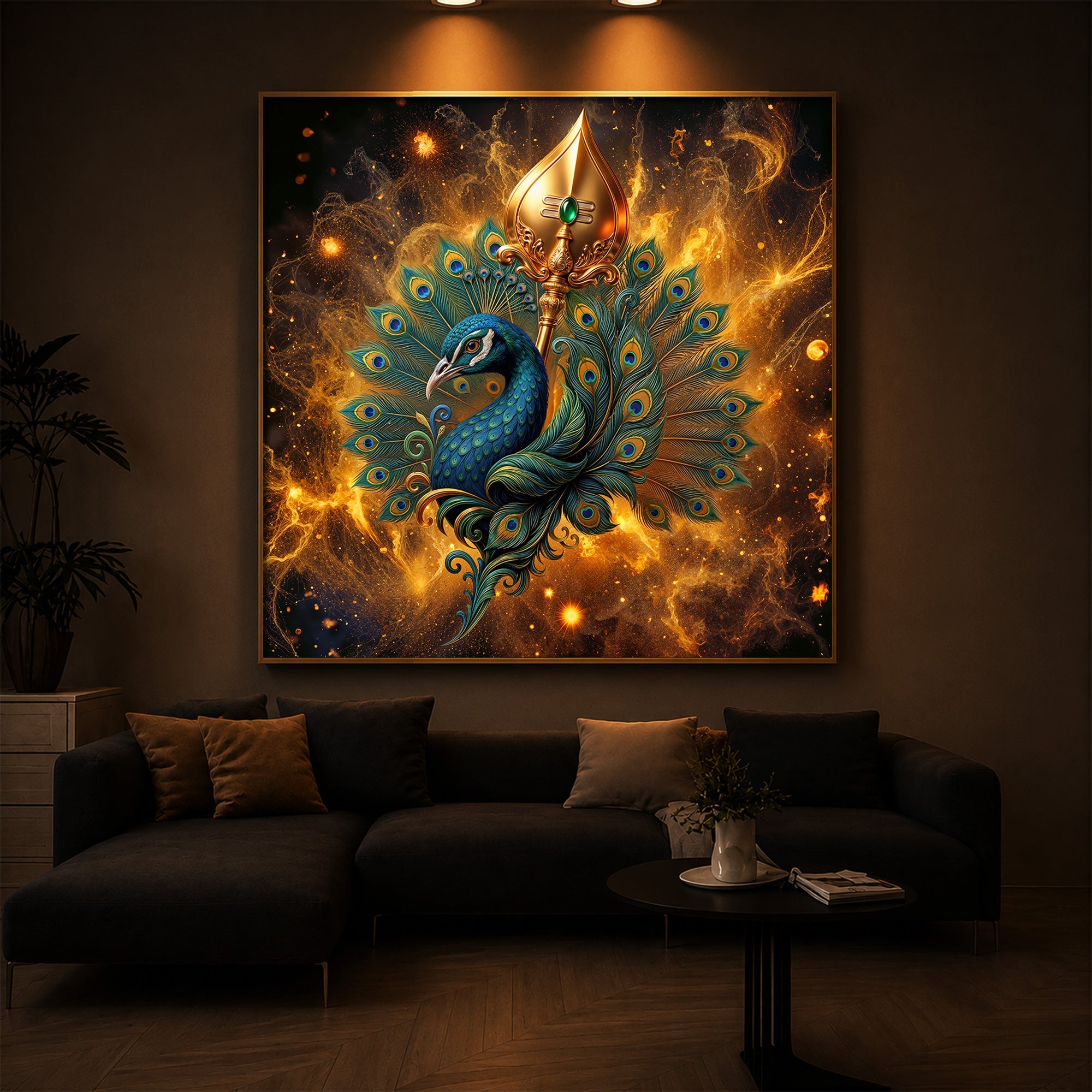 Lord Murugan’s Majestic Peacock Modern Luxury Backlight Square Wall Art