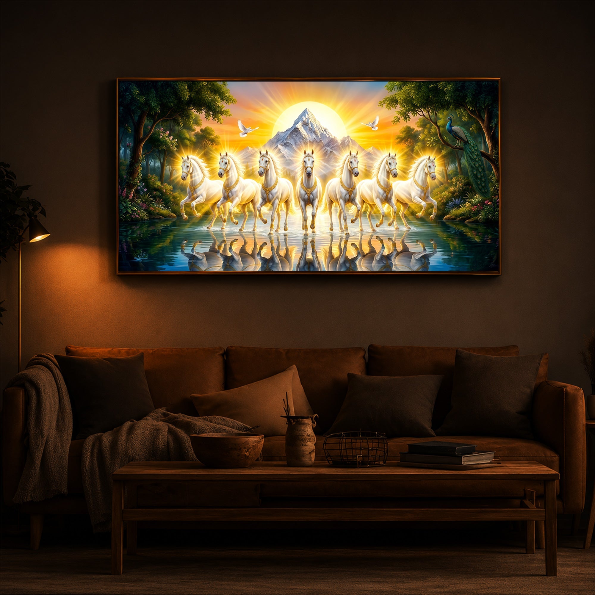 7 White Horses River Glloping Modern Luxury Backlight Horizontal Wall Art
