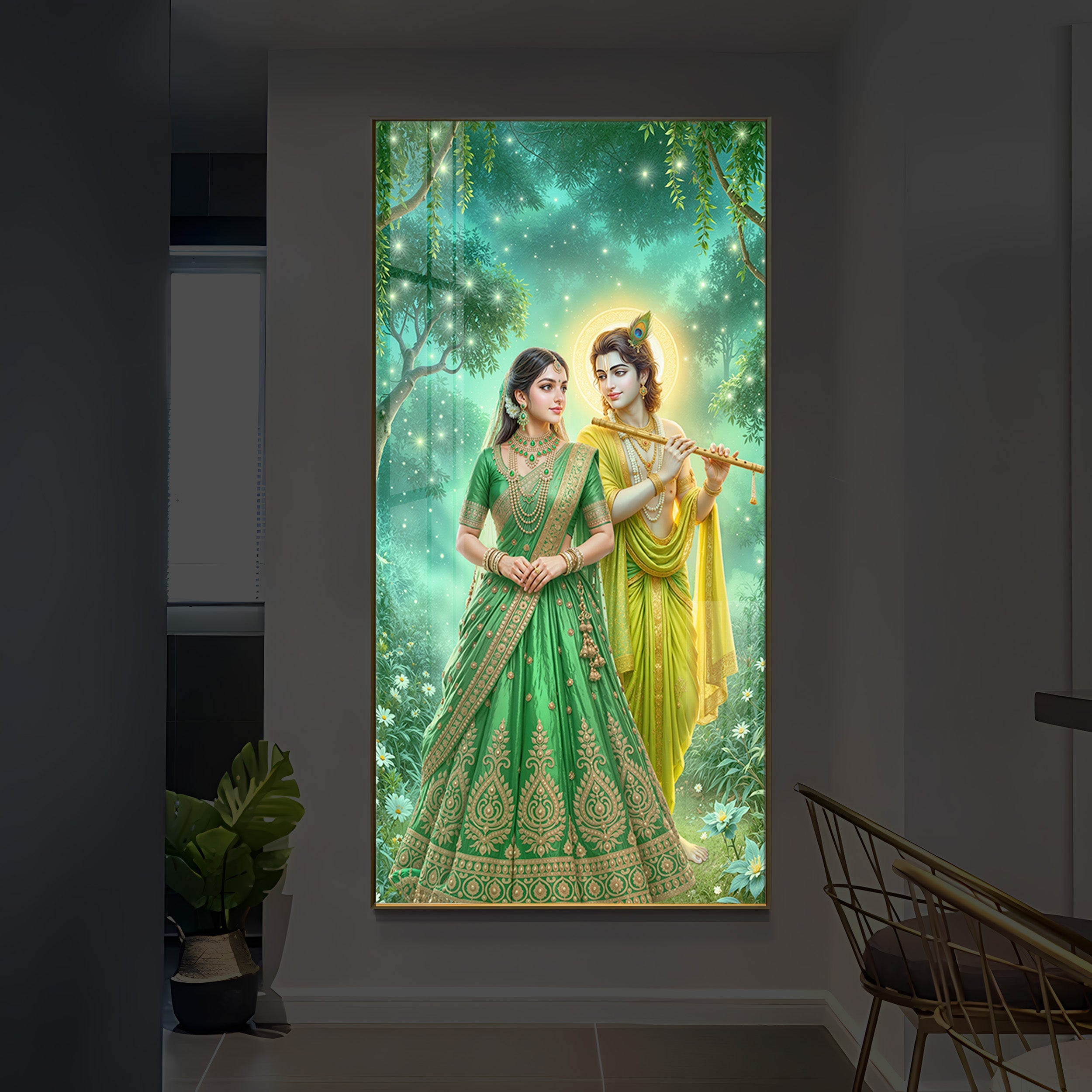 Shri Radhe Krishna Modern Luxury Backlight Vertical Wall Art