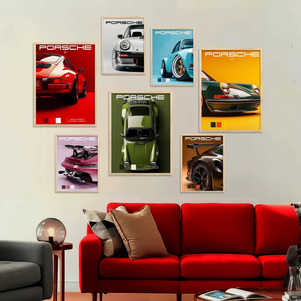 Big Porsche 911 gt Car Framed Posters Gift Items for Boys Room Wall Decoration Bedroom Living Room Studio | Car Poster Frame for Wall Décor Set Of 7 Size (10 x 13 inch,13 x17 inch)