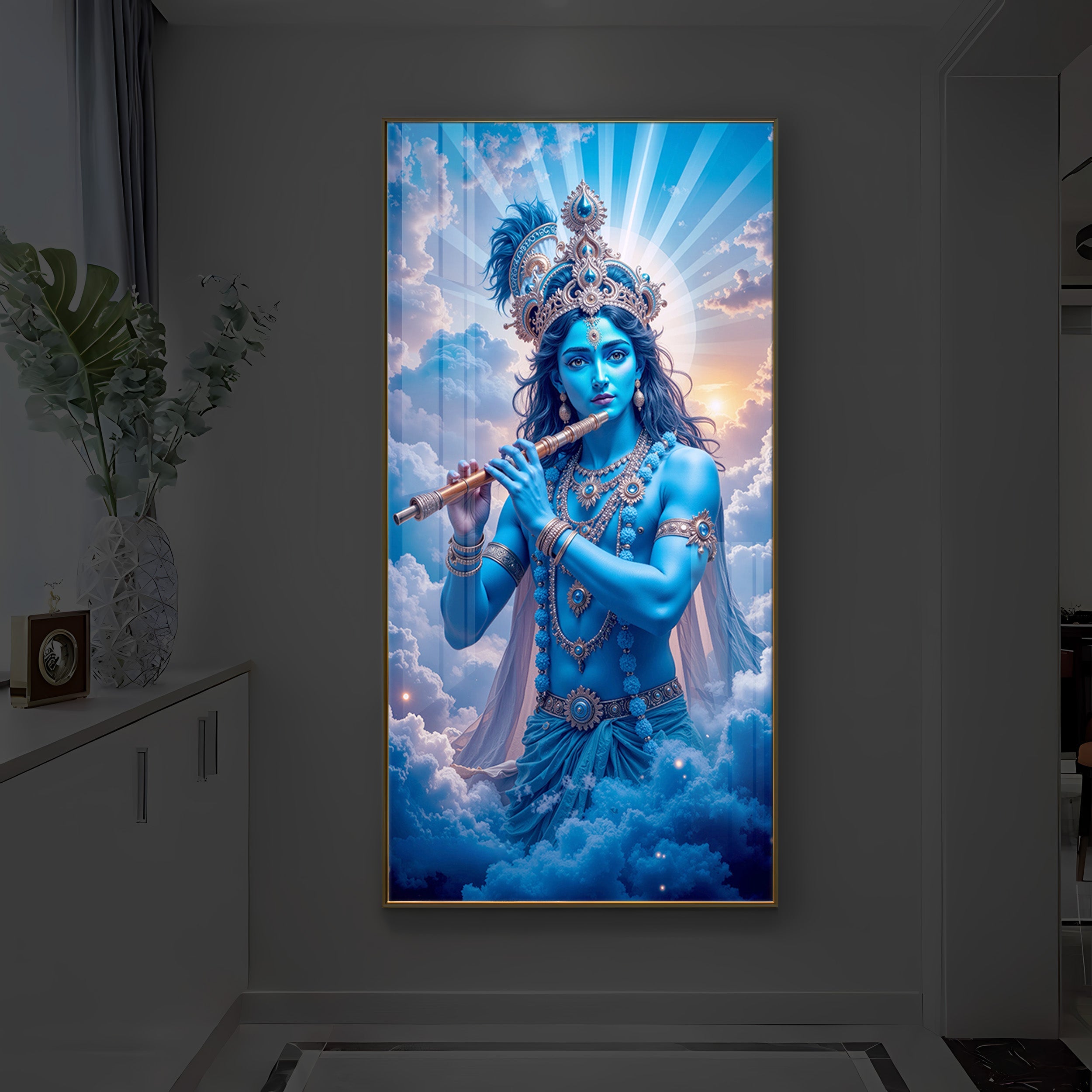 Lord Shri Krishna Modern Luxury Backlight Vertical Wall Art