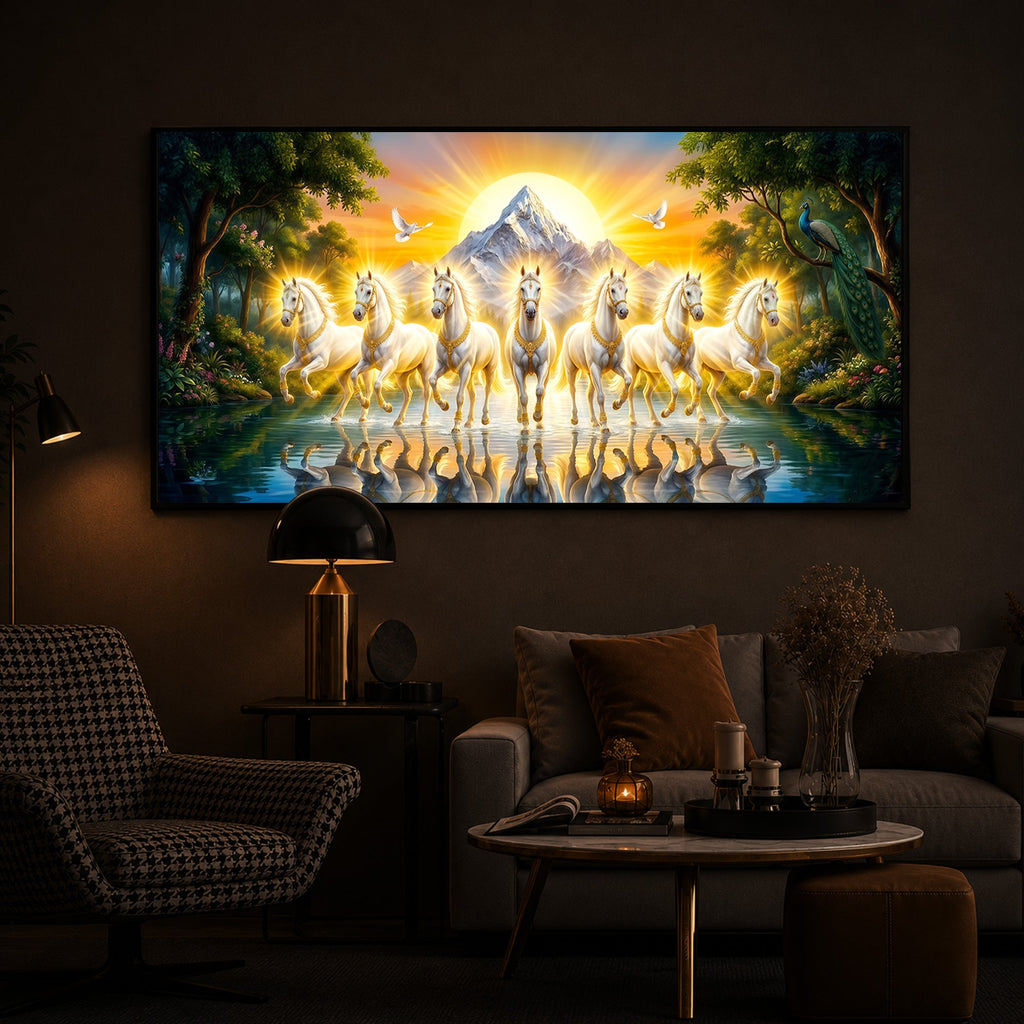 7 White Horses River Glloping Modern Luxury Backlight Horizontal Wall Art