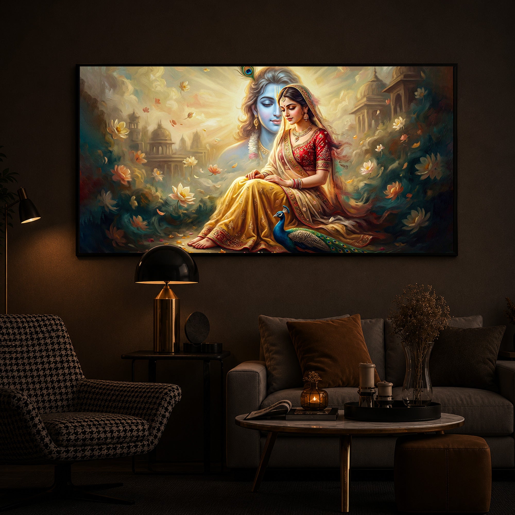 Loving Couple Radha Krishna Modern Luxury Backlight Horizontal Wall Art