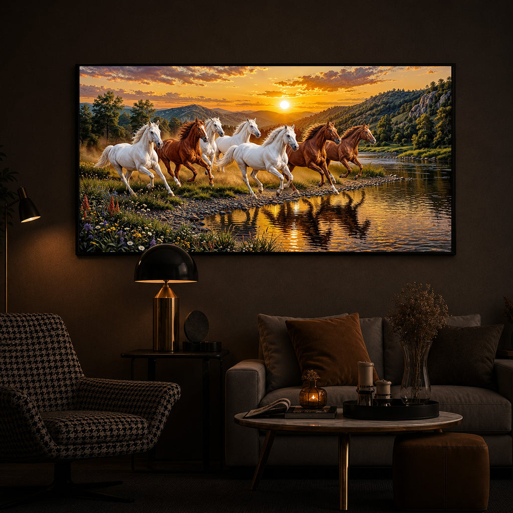 Seven Running Horses With Sunset Splash Modern Luxury Backlight Horizontal Wall Art