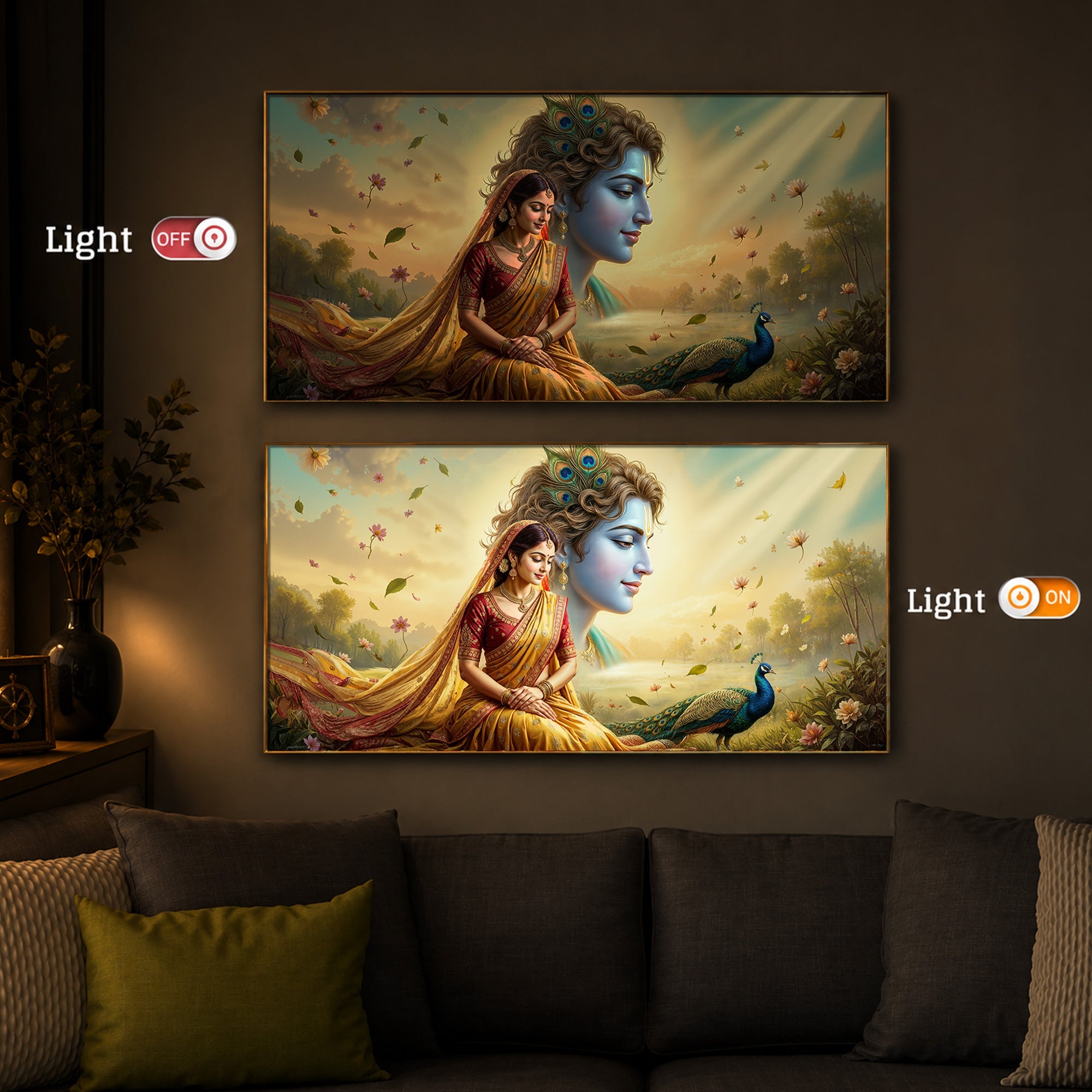 Lord Radha Krishna Modern Luxury Backlight Horizontal Wall Art