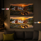 Seven Running Horses With Sunset Splash Modern Luxury Backlight Horizontal Wall Art