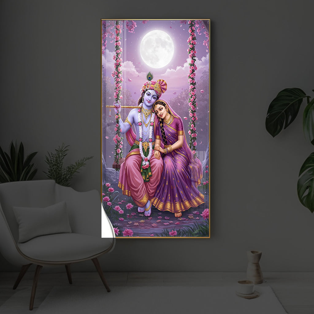 Loving Radha Krishna Modern Luxury Backlight Vertical Wall Art