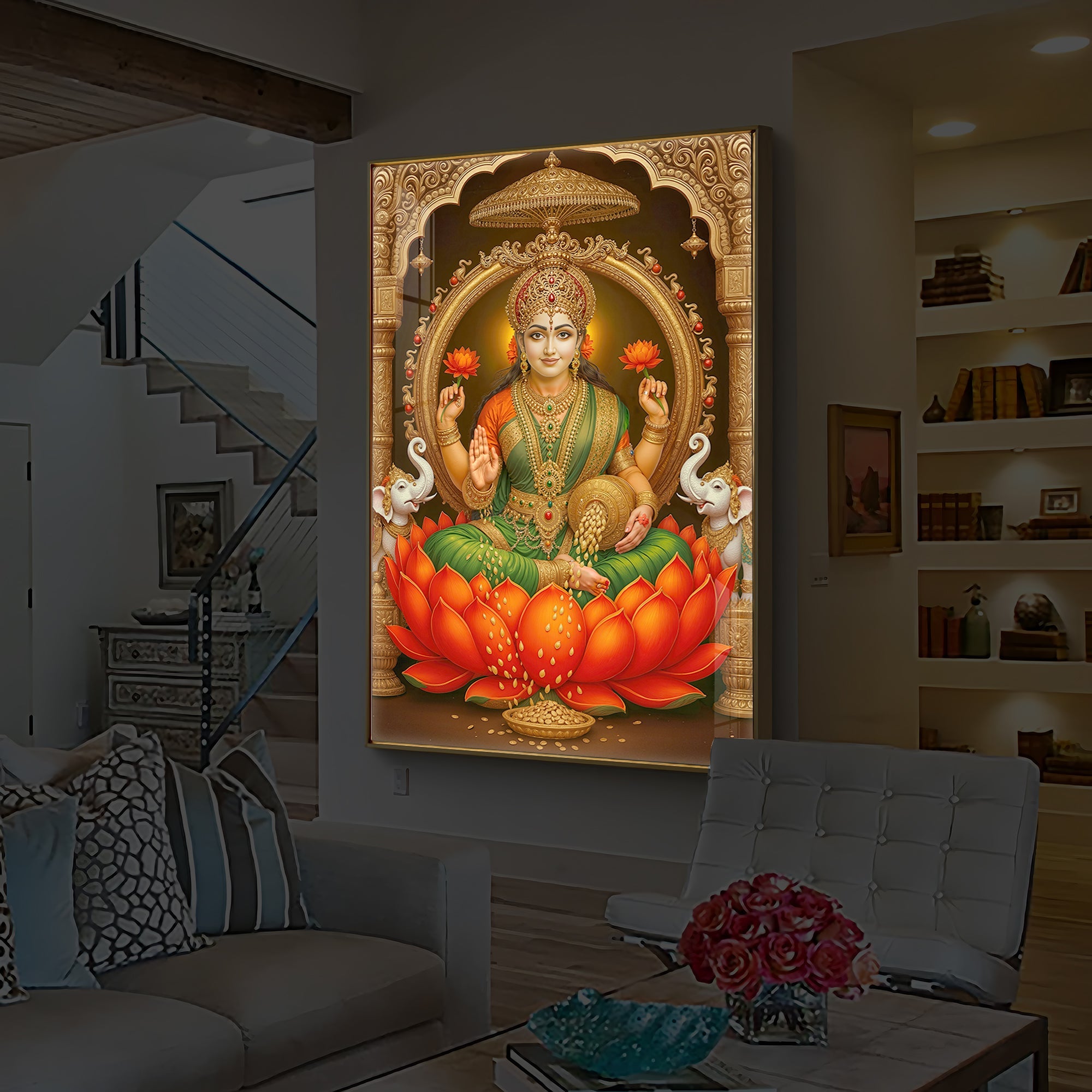 Mahalaxmi Ji Modern Luxury Backlight Vertical Wall Art